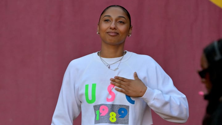 Oct 11, 2025; Los Angeles, California, USA; USC Trojans basketball player JuJu Watkins was on hand as she was named the tunnel captain the the game against the Michigan Wolverines at United Airlines Field at the Los Angeles Memorial Coliseum. Mandatory Credit: Jayne Kamin-Oncea-Imagn Images