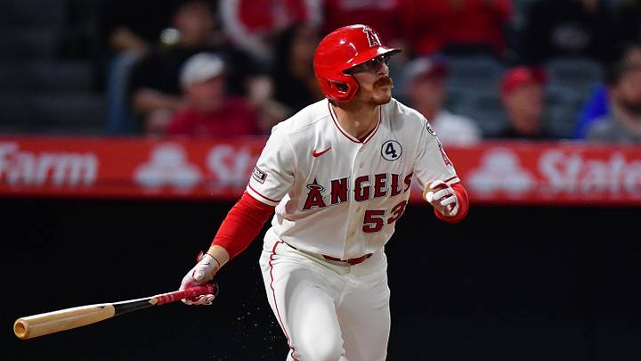 Jun 2, 2026; Anaheim, California, USA; Los Angeles Angels left fielder Wade Meckler (53) hits a two run RBI double against the Colorado Rockies during the fifth inning at Angel Stadium. Mandatory Credit: Gary A. Vasquez-Imagn Images