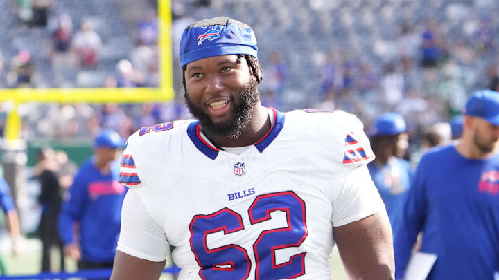 Sep 14, 2025; East Rutherford, New Jersey, USA;  Buffalo Bills center Sedrick Van Pran-Granger (62) after the game against the New York Jets at MetLife Stadium. Mandatory Credit: Robert Deutsch-Imagn Images