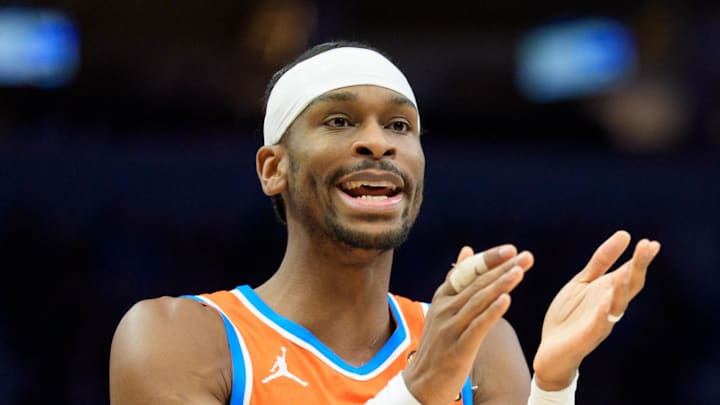 Jan 29, 2026; Minneapolis, Minnesota, USA; Oklahoma City Thunder guard Shai Gilgeous-Alexander (2) gestures to teammates in the second quarter against the Minnesota Timberwolves at Target Center. Mandatory Credit: Matt Blewett-Imagn Images