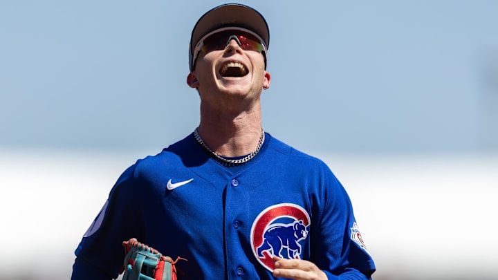 Mar 24, 2026; Mesa, Arizona, USA; Chicago Cubs outfielder Pete Crow-Armstrong against the New York Yankees during spring training at Sloan Park. Mandatory Credit: Mark J. Rebilas-Imagn Images
