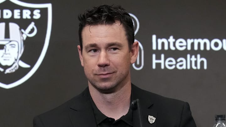 Las Vegas Raiders coach Klint Kubiak at press conference.