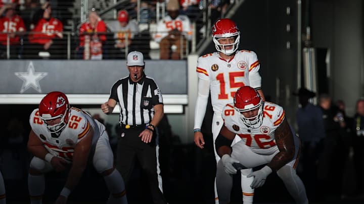 Nov 27, 2025; Arlington, Texas, USA; Kansas City Chiefs quarterback Patrick Mahomes (15) waits for the snap against the Dallas Cowboys during the second quarter at AT&T Stadium. Mandatory Credit: Kevin Jairaj-Imagn Images