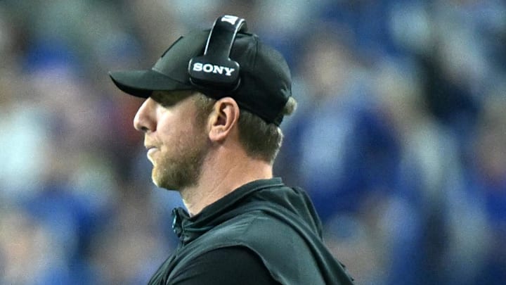 Dec 28, 2025; Indianapolis, Indiana, USA; Jacksonville Jaguars head coach Liam Coen during the second half against the Indianapolis Colts at Lucas Oil Stadium. Mandatory Credit: Robert Goddin-Imagn Images