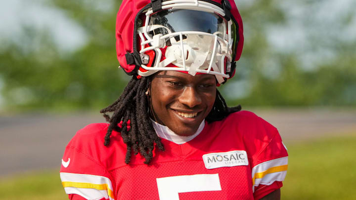 Jul 26, 2024; Kansas City, MO, USA; Kansas City Chiefs wide receiver Marquise “Hollywood”  Brown (5) walks down the hill from the locker room to the fields during training camp at Missouri Western State University. Mandatory Credit: Denny Medley-Imagn Images