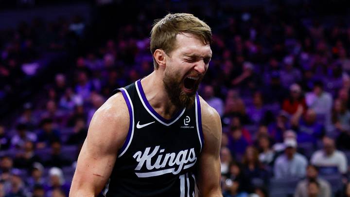 Nov 11, 2025; Sacramento, California, USA; Sacramento Kings center Domantas Sabonis (11) reacts after a play during the fourth quarter against the Denver Nuggets at Golden 1 Center. Mandatory Credit: Sergio Estrada-Imagn Images