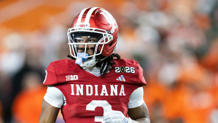 Jan 19, 2026; Miami Gardens, FL, USA; Indiana Hoosiers wide receiver Omar Cooper Jr. (3) against the Miami Hurricanes in the College Football Playoff National Championship game at Hard Rock Stadium. Mandatory Credit: Mark J. Rebilas-Imagn Images