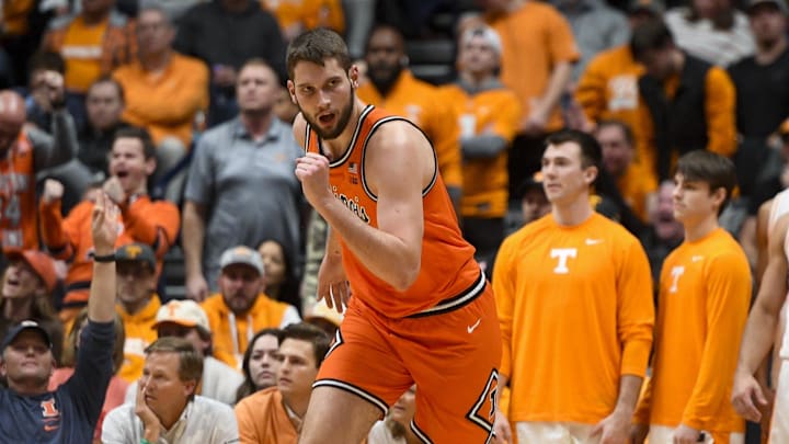 Dec 6, 2025; Nashville, Tennessee, USA;  Illinois Fighting Illini center Tomislav Ivisic (13) reacts after a made three point basket  against the Tennessee Volunteers during the first half at Bridgestone Arena. Mandatory Credit: Steve Roberts-Imagn Images