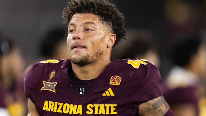 Nov 28, 2025; Tempe, Arizona, USA; Arizona State Sun Devils linebacker Keyshaun Elliott (44) against the Arizona Wildcats during the 99th Territorial Cup at Mountain America Stadium. Mandatory Credit: Mark J. Rebilas-Imagn Images