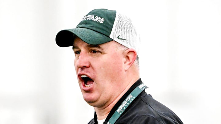 Michigan State's head coach Pat Fitzgerald calls out to players during spring football practice on Tuesday, April 14, 2026, in East Lansing.