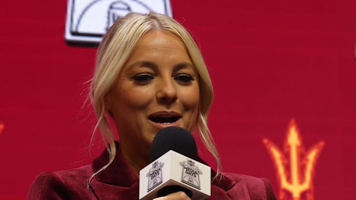 Oct 21, 2025; Kansas City, MO, USA; Arizona State head coach Molly Miller speaks to media during Big 12 Womenís Basketball Media Day at T-Mobile Center. Mandatory Credit: Sophia Scheller-Imagn Images