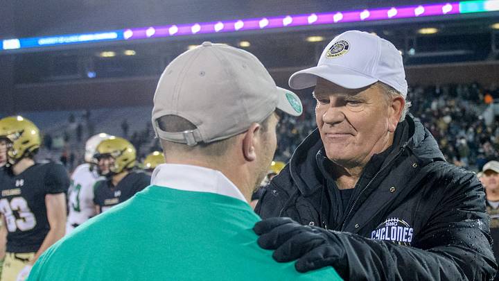 Sacred Heart-Griffin head coach Ken Leonard, facing, talks with Providence Catholic head coach Tyler Plantz after SHG defeated the Celtics 44-20 for the Class 4A football state title Friday, Nov. 25, 2022 in Champaign. Sacred Heart-Griffin head coach Ken Leonard, facing, talks with Providence Catholic head coach Tyler Plantz after SHG defeated the Celtics 44-20 for the Class 4A football state title Friday, Nov. 25, 2022 in Champaign.