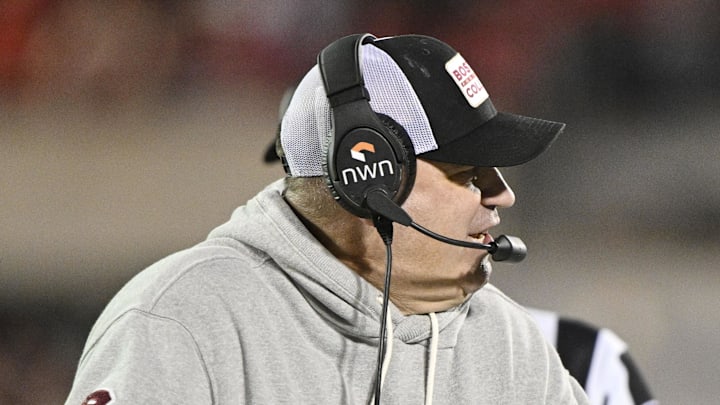 Oct 25, 2025; Louisville, Kentucky, USA;  Boston College Eagles head coach Bill O'Brien questions a call during the second half against the Louisville Cardinals at L&N Federal Credit Union Stadium. Louisville defeated Boston College 38-24. Mandatory Credit: Jamie Rhodes-Imagn Images