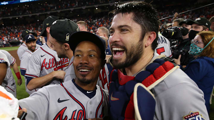 Nov 2, 2021; Houston, TX, USA; Atlanta Braves catcher Travis d'Arnaud (right) takes a selfie photo with a teammate after defeating the Houston Astros in game six of the 2021 World Series at Minute Maid Park. Mandatory Credit: Troy Taormina-Imagn Images