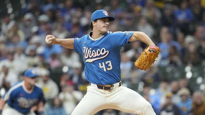 May 22, 2026; Milwaukee, Wisconsin, USA; Milwaukee Brewers pitcher Logan Henderson (43) delivers  a pitch against the Los Angeles Dodgers in the first inning at American Family Field. Mandatory Credit: Michael McLoone-Imagn Images