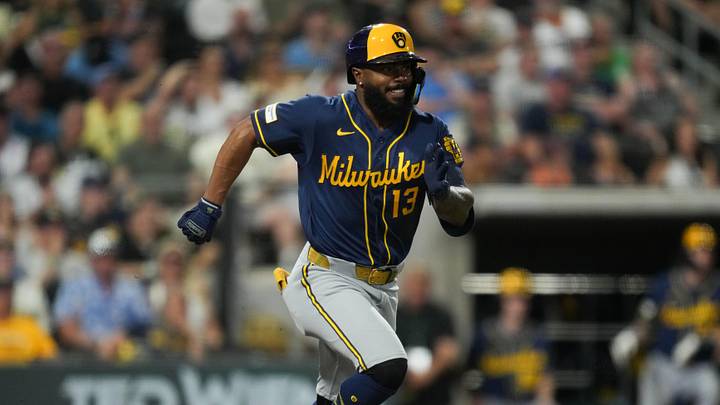 Jun 10, 2026; Summerlin, Nevada, USA; Milwaukee Brewers third baseman Luis Rengifo (13) runs to first base during the eighth inning against the Athletics at the Las Vegas Ballpark. Mandatory Credit: Lucas Peltier-Imagn Images