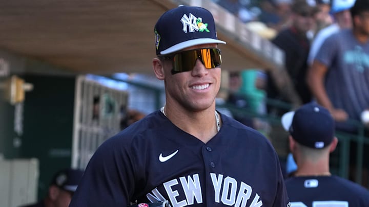 Mar 23, 2026; Mesa, Arizona, USA; New York Yankees right fielder Aaron Judge (99) gets ready to play a game against the New York Yankees at Sloan Park. Mandatory Credit: Rick Scuteri-Imagn Images