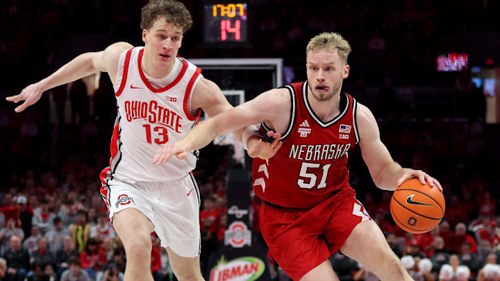 Nebraska Cornhuskers forward Rienk Mast goes to the basket as Ohio State Buckeyes center Christoph Tilly defends.