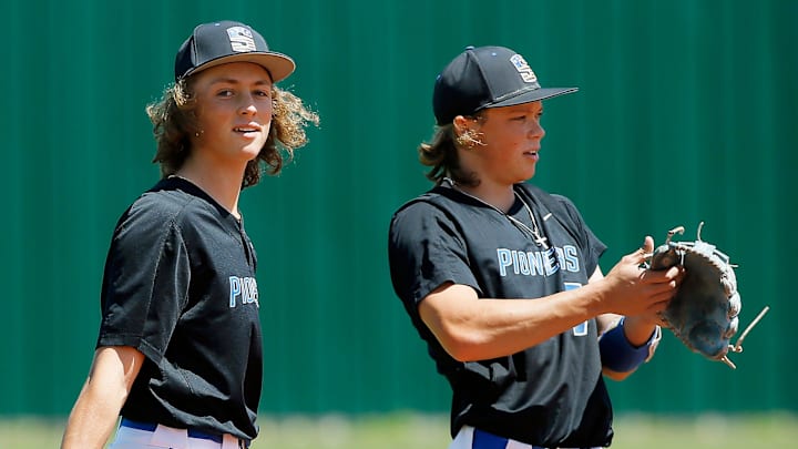 Brothers Ethan (left) and Jackson Holliday, who now stars for the Baltimore Orioles, were teammates on the Stillwater High School (Oklahoma) baseball team in 2022. Soon they may also share the distinction of being No. 1 overall picks in the MLB Draft.