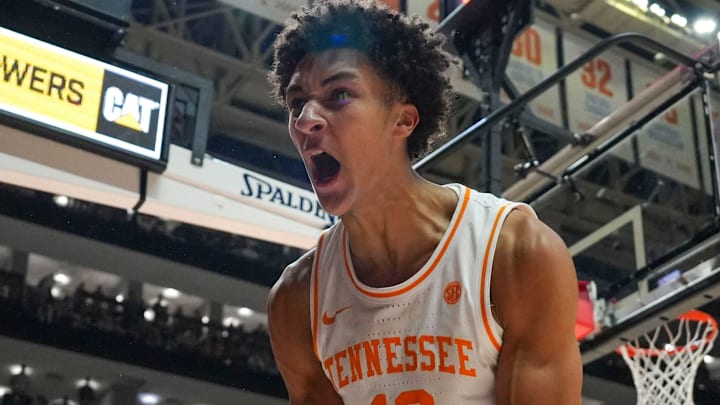 Tennessee forward Nate Ament (10) celebrates making a basket and getting fouled on during a NCAA basketball game between the Tennessee Volunteers and Auburn Tigers at Thompson-Boling Arena at Food City Center in Knoxville, Tenn., on Jan. 31, 2026. Tennessee forward Nate Ament (10) celebrates making a basket and getting fouled on during a NCAA basketball game between the Tennessee Volunteers and Auburn Tigers at Thompson-Boling Arena at Food City Center in Knoxville, Tenn., on Jan. 31, 2026.
