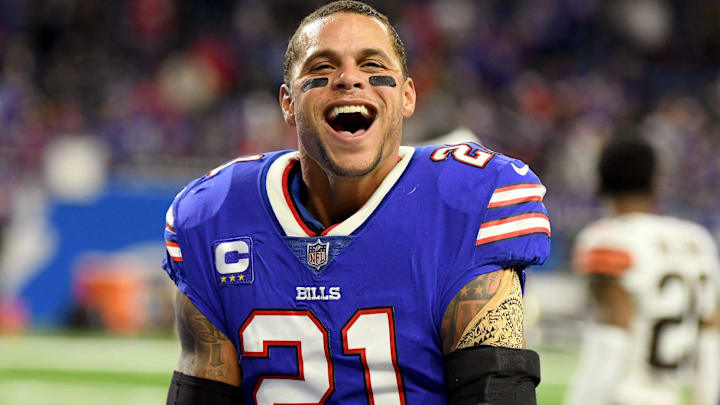 Buffalo Bills safety Jordan Poyer celebrates after the Bills beat the Cleveland Browns at Ford Field.
