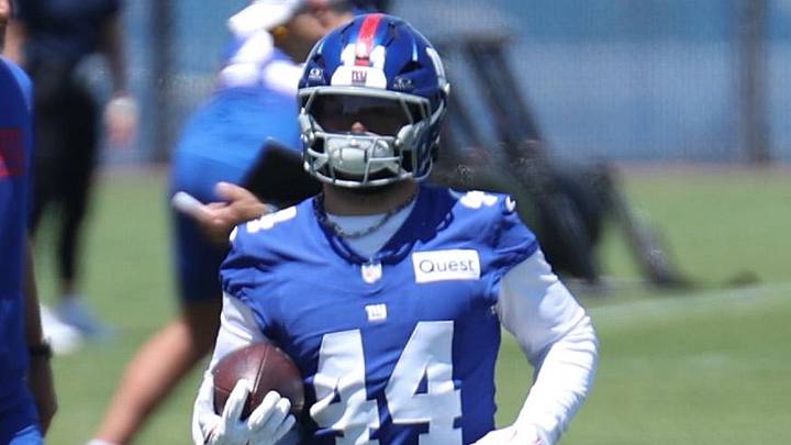 Jun 9, 2026; East Rutherford, NJ, USA; New York Giants running back Cam Skattebo (44) participates in drills during the minicamp activities at Quest Diagnostics Center. Jun 9, 2026; East Rutherford, NJ, USA; New York Giants running back Cam Skattebo (44) participates in drills during the minicamp activities at Quest Diagnostics Center.