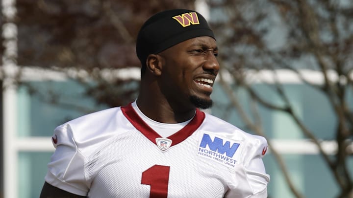 Jul 23, 2025; Ashburn, VA, USA; Washington Commanders wide receiver Deebo Samuel Sr. (1) walks out of team headquarters onto the fields prior to practice on day one of training camp at OrthoVirginia Training Center at Commanders Park. Mandatory Credit: Geoff Burke-Imagn Images