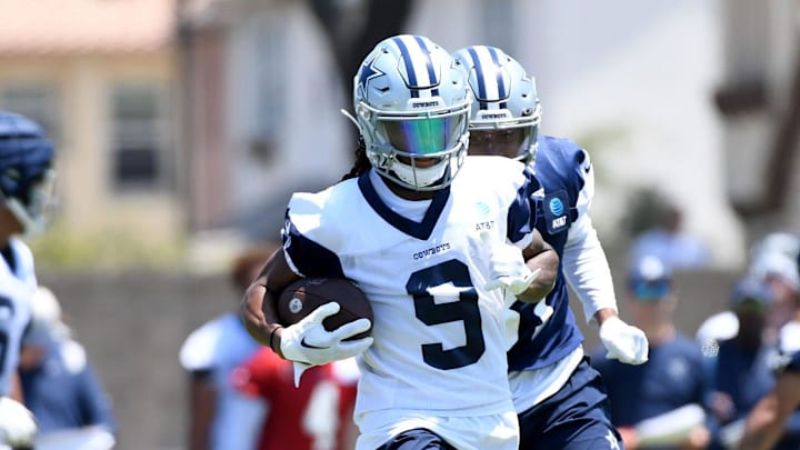 Cowboys receiver KaVontae Turpin runs with the ball after making a catch during training camp at River Ridge Fields in Oxnard Cowboys receiver KaVontae Turpin runs with the ball after making a catch during training camp at River Ridge Fields in Oxnard