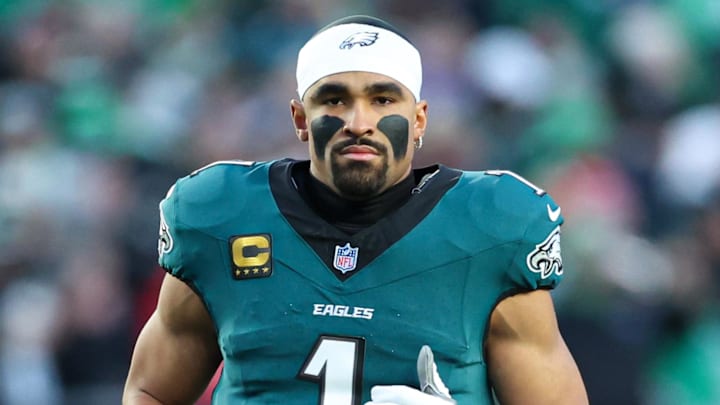 Jan 11, 2026; Philadelphia, PA, USA; Philadelphia Eagles quarterback Jalen Hurts (1) after the anthem against the San Francisco 49ers in an NFC Wild Card Round game at Lincoln Financial Field. Mandatory Credit: Bill Streicher-Imagn Images