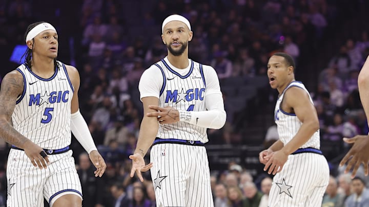 Feb 19, 2026; Sacramento, California, USA; Orlando Magic guard Jalen Suggs (4) gestures after scoring a three point basket against the Sacramento Kings during the first quarter at Golden 1 Center. Mandatory Credit: Kelley L Cox-Imagn Images