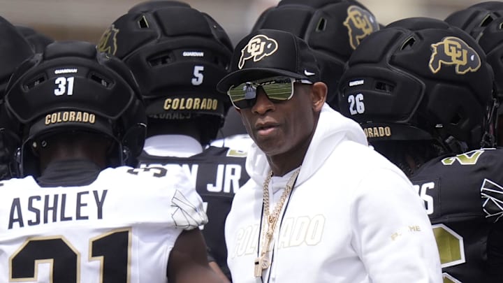 Apr 11, 2026; Boulder, CO, USA; Colorado Buffaloes head coach Deion Sanders before the start of the spring game at Folsom Field. 