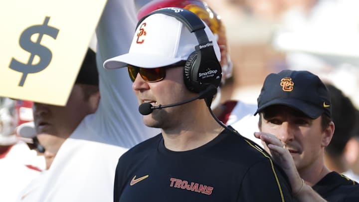Sep 21, 2024; Ann Arbor, Michigan, USA; USC Trojans head coach Lincoln Riley on the sideline in the second half against the Michigan Wolverines at Michigan Stadium. Mandatory Credit: Rick Osentoski-Imagn Images Sep 21, 2024; Ann Arbor, Michigan, USA; USC Trojans head coach Lincoln Riley on the sideline in the second half against the Michigan Wolverines at Michigan Stadium. Mandatory Credit: Rick Osentoski-Imagn Images