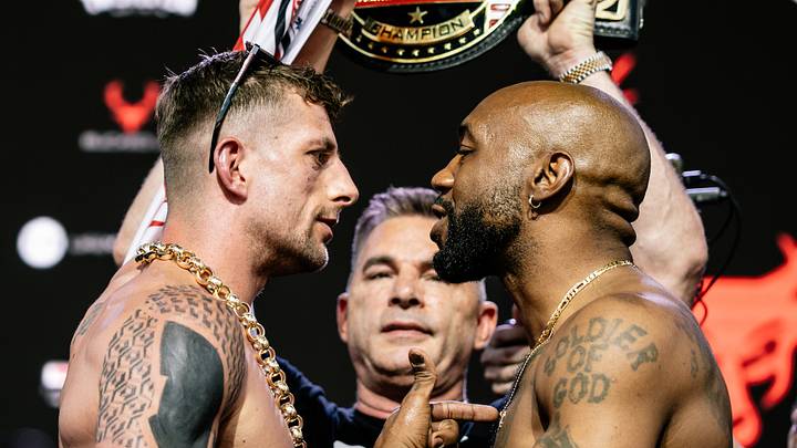 Austin Trout (right) facing off with Ben Bonner (left) at the BKFC Liberty Brawl ceremonial weigh-ins. Austin Trout (right) facing off with Ben Bonner (left) at the BKFC Liberty Brawl ceremonial weigh-ins.