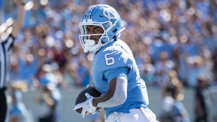 Sep 16, 2023; Chapel Hill, North Carolina, USA; North Carolina Tar Heels wide receiver Nate McCollum (6) scores a touchdown in the first quarter at Kenan Memorial Stadium. Sep 16, 2023; Chapel Hill, North Carolina, USA; North Carolina Tar Heels wide receiver Nate McCollum (6) scores a touchdown in the first quarter at Kenan Memorial Stadium.