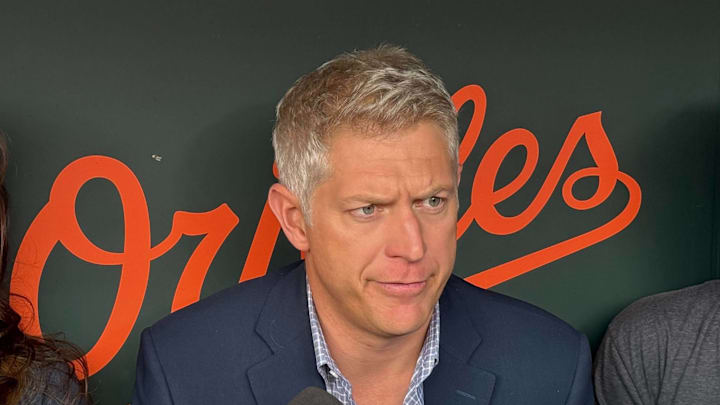 Baltimore Orioles general manager Mike Elias speaks to the media.