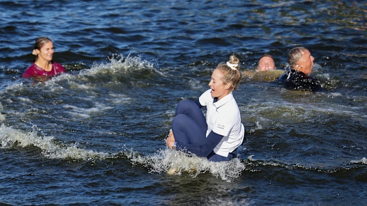 Nelly Korda jumped into Poppie's Pond after winning the Chevron Championship in 2024, a tradition for nearly 40 years. 