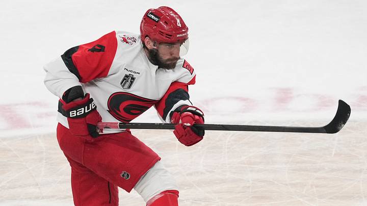 Jun 14, 2026; Las Vegas, Nevada, USA; Carolina Hurricanes defenseman Shayne Gostisbehere (4) shoots the puck during the first period against the Vegas Golden Knights in game six of the 2026 Stanley Cup Final at T-Mobile Arena. Mandatory Credit: Lucas Peltier-Imagn Images Jun 14, 2026; Las Vegas, Nevada, USA; Carolina Hurricanes defenseman Shayne Gostisbehere (4) shoots the puck during the first period against the Vegas Golden Knights in game six of the 2026 Stanley Cup Final at T-Mobile Arena. Mandatory Credit: Lucas Peltier-Imagn Images