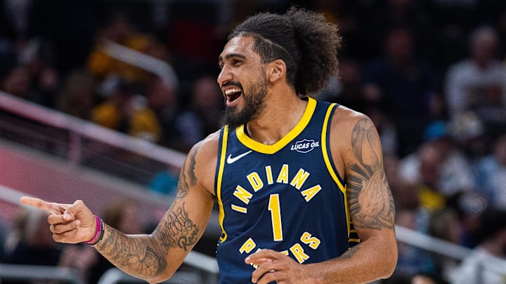 Indiana Pacers forward Obi Toppin (1) celebrates a made basket in the first half against the Charlotte Hornets at Gainbridge Fieldhouse.