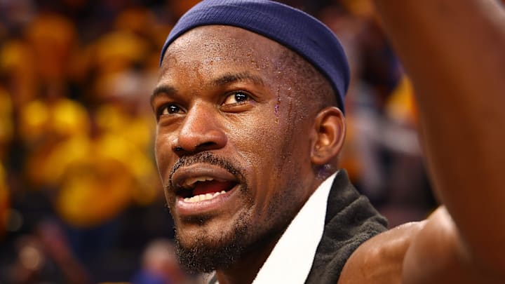 Apr 28, 2025; San Francisco, California, USA; Golden State Warriors forward Jimmy Butler III (10) speaks to TNT after the game four of the 2025 NBA Playoffs first round against the Houston Rockets at Chase Center. Mandatory Credit: Kelley L Cox-Imagn Images