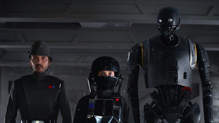 Rogue One: A Star Wars Story. Cassian Andor, Jyn Erso, and K-2SO. 