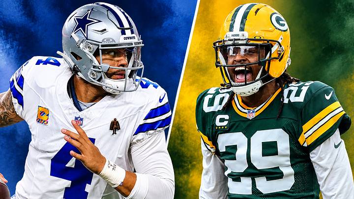 Cowboys quarterback Dak Prescott (L) and Packers safety Xavier McKinney (R)