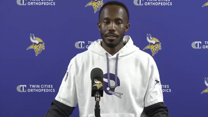 Vikings general manager Kwesi Adofo-Mensah speaks to reporters at TCO Performance Center on Wednesday, March 26.