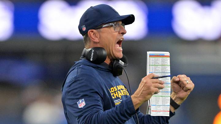 Nov 30, 2025; Inglewood, California, USA; Los Angeles Chargers head coach Jim Harbaugh reacts during the second half at SoFi Stadium. Mandatory Credit: Jayne Kamin-Oncea-Imagn Images
