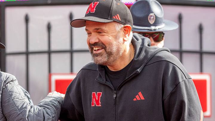 Nebraska football coach Matt Rhule smiles during the 2026 Red-White Spring Game. Nebraska football coach Matt Rhule smiles during the 2026 Red-White Spring Game.