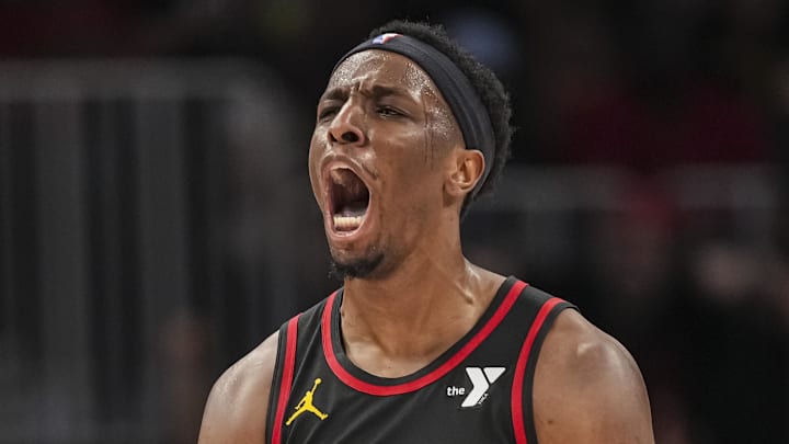 Atlanta Hawks forward Onyeka Okongwu reacts after a basket against the Miami Heat during the second half at State Farm Arena. Atlanta Hawks forward Onyeka Okongwu reacts after a basket against the Miami Heat during the second half at State Farm Arena.