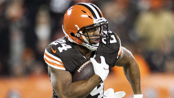 Dec 20, 2021; Cleveland, Ohio, USA; Cleveland Browns running back Nick Chubb (24) runs the ball against the Las Vegas Raiders during the second quarter at FirstEnergy Stadium. Mandatory Credit: Scott Galvin-Imagn Images Dec 20, 2021; Cleveland, Ohio, USA; Cleveland Browns running back Nick Chubb (24) runs the ball against the Las Vegas Raiders during the second quarter at FirstEnergy Stadium. Mandatory Credit: Scott Galvin-Imagn Images