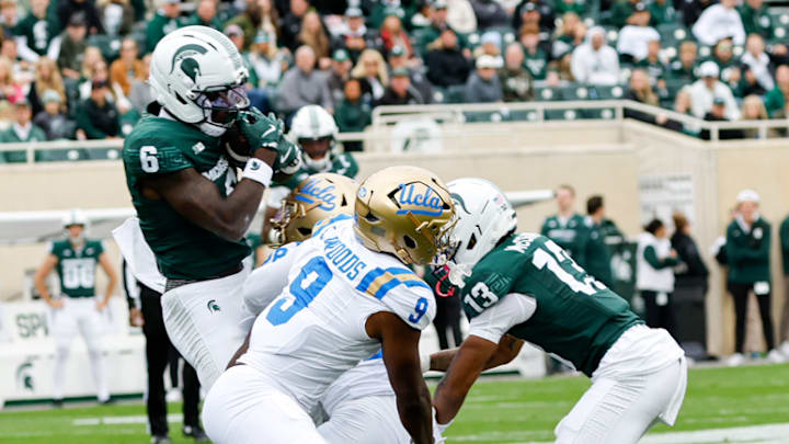 Michigan State wide receiver Nick Marsh (6) carries the ball during MSU's game against UCLA on Oct. 11, 2025.