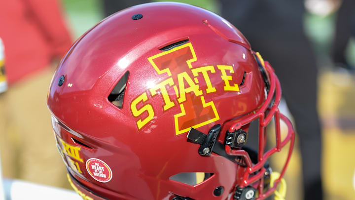Oct 23, 2021; Ames, Iowa, USA; General view of helmet used by Iowa State Cyclones against the Oklahoma State Cowboys in the first half at Jack Trice Stadium. Oct 23, 2021; Ames, Iowa, USA; General view of helmet used by Iowa State Cyclones against the Oklahoma State Cowboys in the first half at Jack Trice Stadium.