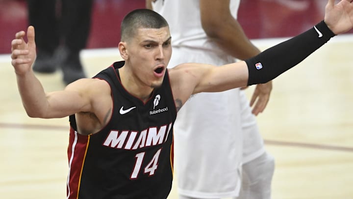 Miami Heat guard Tyler Herro (14) reacts (Mandatory Credit: David Richard-Imagn Images)