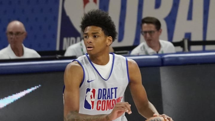 May 14, 2024; Chicago, IL, USA; AJ Johnson (1) participates during the 2024 NBA Draft Combine  at Wintrust Arena. Mandatory Credit: David Banks-USA TODAY Sports